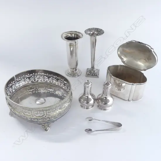 7 PCES ASST. SILVER PLATE  INCL. PIERCED DISH W.190mm & TEA CADDY