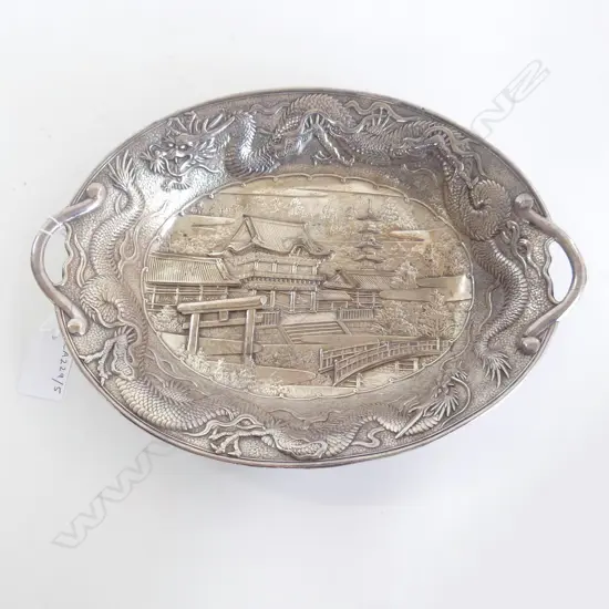 VINTAGE JAPANESE SILVERED EMBOSSED DRAGON & TEMPLE DISH STAMPED TO REVERSE, L.265MM