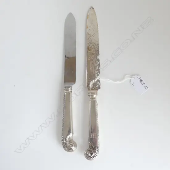 2 CANADIAN BIRKS STERLING HANDLED BREAD KNIVES pistol grip type stainless blades 1 engraved