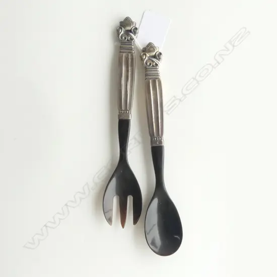 PR DANISH SILVER & HORN GEORG JENSEN ACORN PATTERN SERVERS 