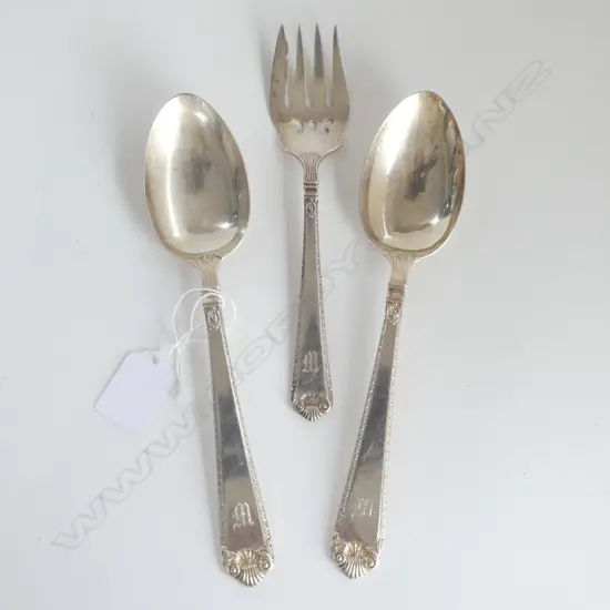 3 CANADIAN BIRK'S STERLING CUTLERY ITEMS: PR SERVING SPOONS + BREAD FORK. 240gms