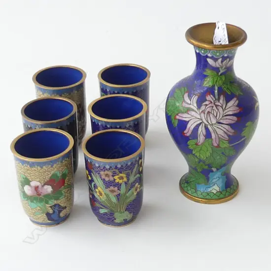 6 CLOISONNE CUPS + VASE H.155mm