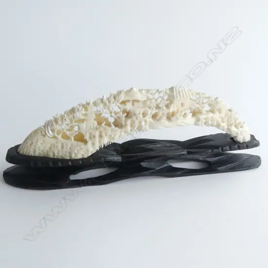 CHINESE CARVED BRIDGE HIPPO IVORY ON STAND L190MM