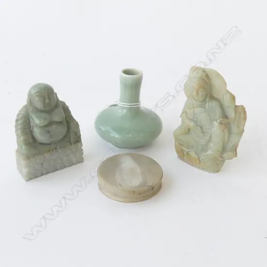3 ORIENTAL PCES; 2 CARVED STONE FIGURES H.100mm, MINI CELADON VASE H.65mm