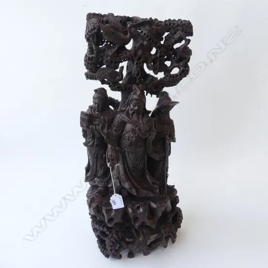 LG CARVED WOODEN CHINESE SCULPTURE; 3 FIGURES UNDER A TREE H.530mm