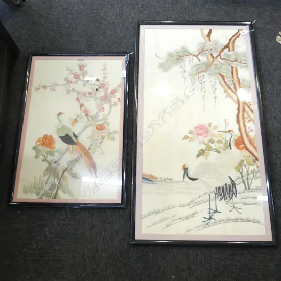 2 ORIENTAL FRAMED EMBROIDERIES 625x390, 925x465mm FOXING