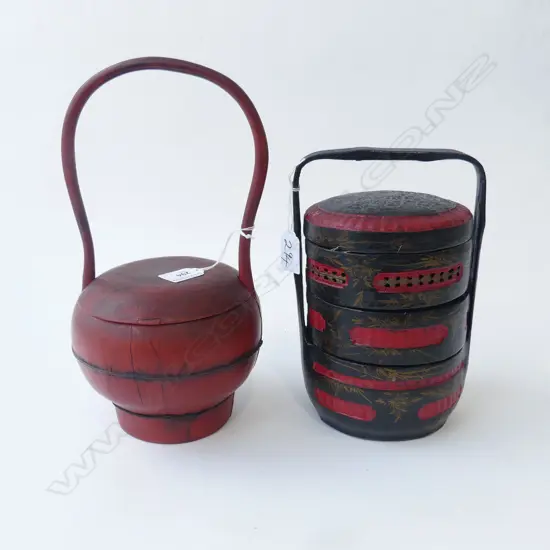 2 CHINESE LAQUER VINTAGE LIDDED BASKETS H300MM