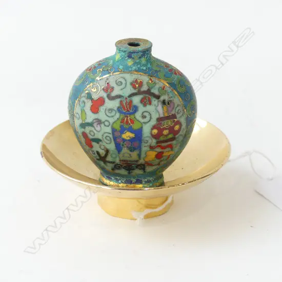 CHINESE CLOISONNE SNUFF BOTTLE H.65mm NO STOPPER & GP DISH 85m dia