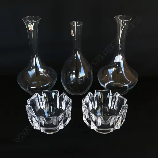 3 HOLMEGAARD CLEAR GLASS VASES H.250mm + PR ORREFORS BOWLS 115mm dia