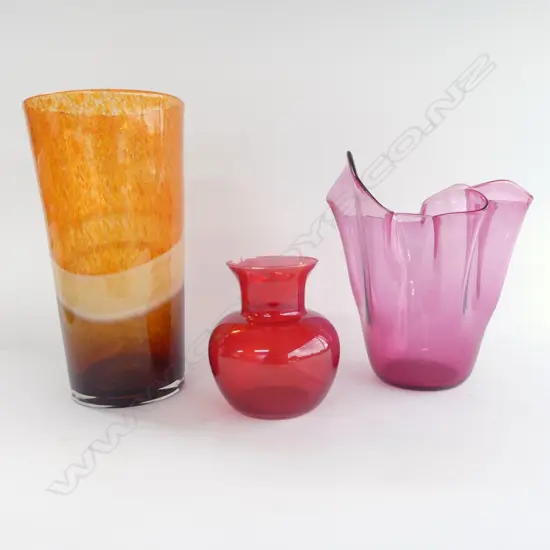 3 COLOURED GLASS VASES TALLEST H290