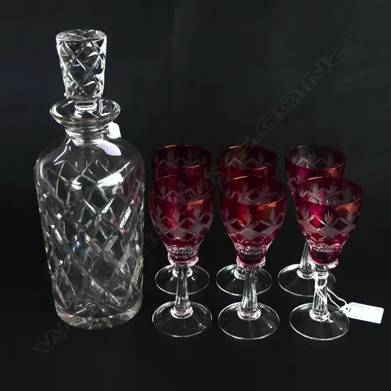CUT CRYSTAL DECANTER & 6 BOHEMIAN CRYSTAL GLASSES