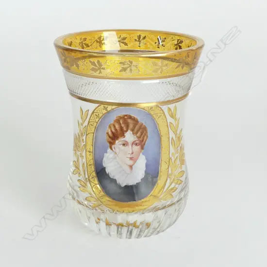 CUT GLASS AUSTRIAN GLASS HAND GILDED & HAND PAINTED PORTRAIT OF KATHARINA FROHLICH 1800S H110MM