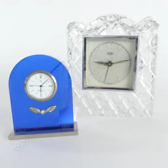 PR CLOCKS; BLUE MIKIMOTO DESK CLOCK H.100mm time needs adjusting, 1950s ASTRA CRYSTAL MANTLE CLOCK H.150mm not running
