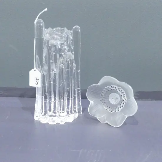 LALIQUE FLOWER 110mm dia + SWEDISH ART GLASS CANDLE HOLDER H.195mm