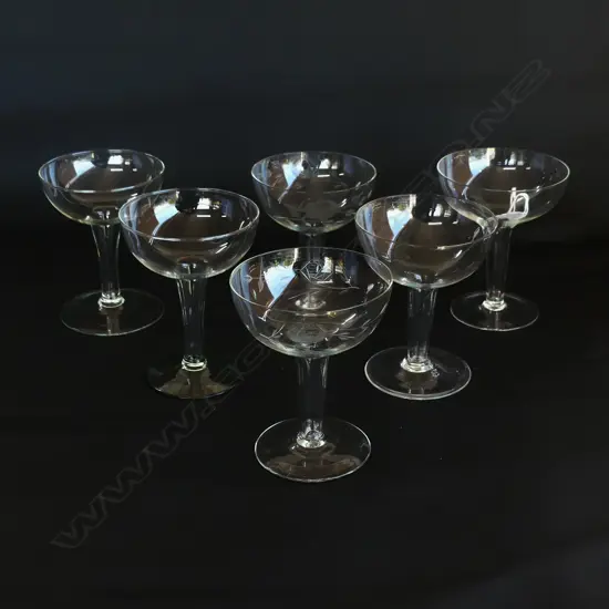 SIX HOLLOW STEM CHAMPAGNE GLASSES 3 PLAIN & 3 ETCHED, H.110MM