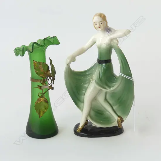 VICTORIAN GLASS VASE WITH METAL LEAF DECORATION & ART DECO LADY FIGURINE, H.135MM H.165MM