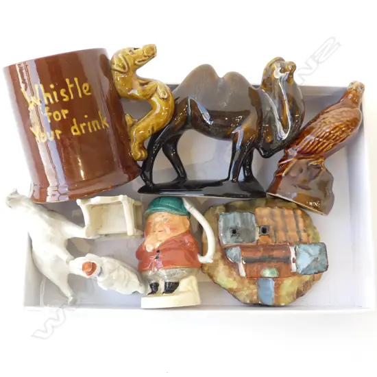 TRAY OF SMALL COLLECTABLES – WHISTLE MUG, CAMEL, BESWICK EAGLE, TOBY JUG, CIG OLDER ETC