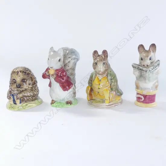 4 BESWICK BEATRIX POTTER FIGURINES; MR PRICKLEPIN, SAMUEL WHISKERS, TIMMY TIPTOES, TAILOR OF GLOUCESTER H.95mm