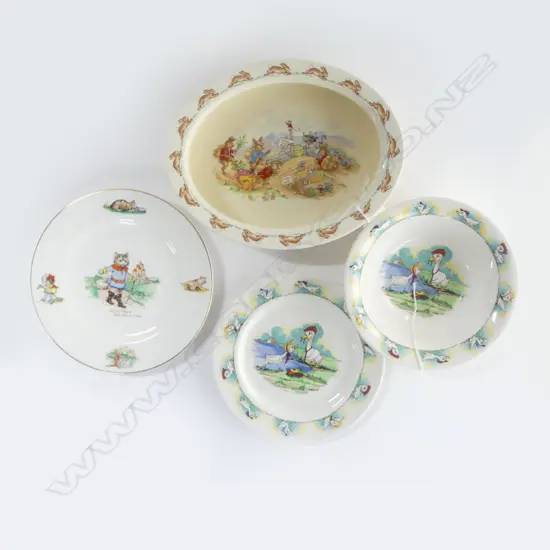 4 PCS CHILDREN THEMED CHINA, INCLS VINTAGE ROYAL DOULTON BUNNYKINS, WADE & BRISTOL PUSS IN BOOTS