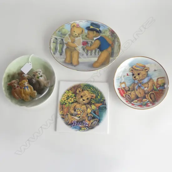 4 TEDDY THEMED; 3 PLATES INCLS FRANKLIN MINT LTD ED & HANDPAINTED + TILE