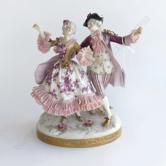 GERMAN DREDEN TYPE FIGURE GROUP FORMAL DANCING COUPLE with crinoline lace minor faults H.235mm.