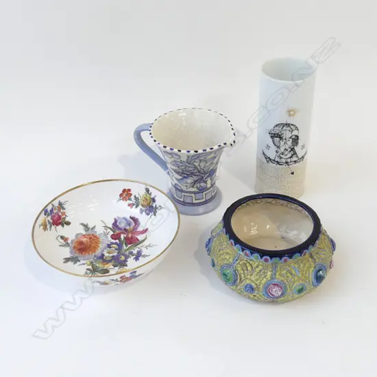 4 PCES; CHARLOTTE RHEAD MUG, AMPHORA, CAVERSWALL BOWL 150mm dia, ROSENTHAL VASE H.160mm FIRST 2 w. HAIRLINES