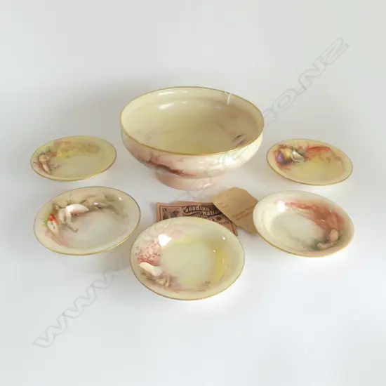 CANADIAN BELLEEK BOWL & 5 SMALL BOWLS 1ST PRIZE 1919 NATIONAL EX TORONTO INCLUDES PRIZE DOCS DIA LARGEST BOWL 230MM