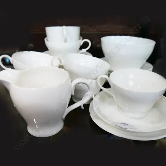WHITE SHELLEY PART TEA SET; 7 CUPS, 9 SAUCERS, 6 SIDE PLATES, MILK & SUGAR