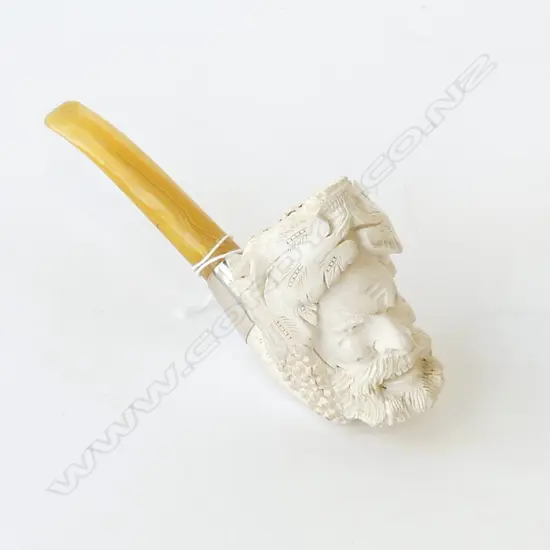 LARGE MEERSCHAUM HAND CARVED BACCHAS PIPE WITH SILVER MOUNT, L.164MM