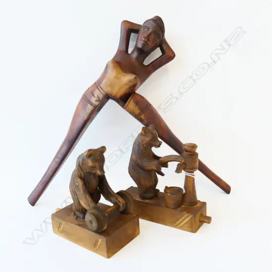 2 HAND CARVED WOODEN TOY BEARS + NUTCRACKER WOMAN H.330mm