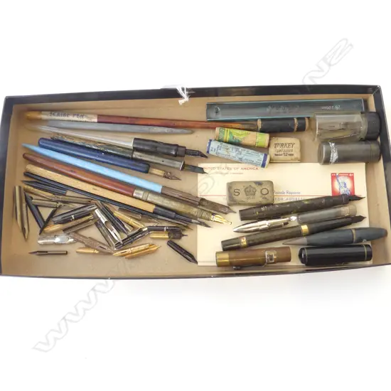 A COLLECTION OF DIP PENS, FOUNTAIN PEN PARTS, NIBS, PENCIL LEADS, ETC