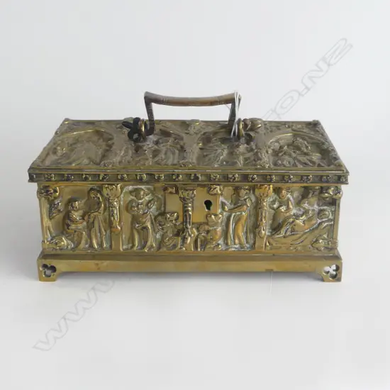 GOTHIC VICTORIAN BRASS JEWELLERY CASKET by Adolph Frankau & Co. England 215 x 120 x 90mm