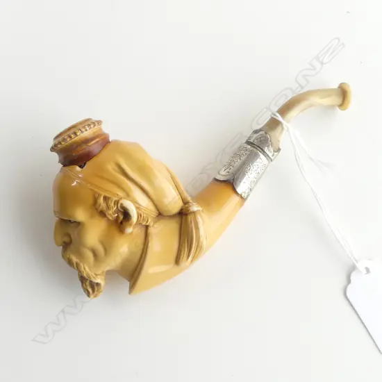 ANTIQUE SILVER MOUNTED MEERSCHAUM PIPE BEARDED SAILOR FACE L140MM