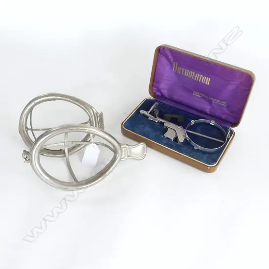 PR OF ANTIQUE ANAESTHETIC MASKS & VINTAGE ORTHOLATOR IN CASE L170MM