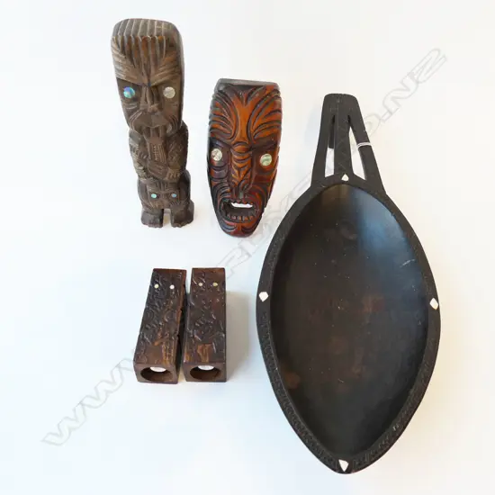 5 CARVED WOODEN PCES; 4 MAORI + PACIFIC BOWL W.470mm