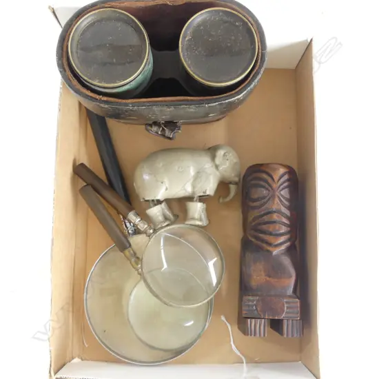 TRAY ASST. COLLECTABLES, VINTAGE BINOCULARS, ARTICULATED METAL ELEPHANT , VINTAGE CARVING  w MOVING PARTS 3 MAGNIFING GL