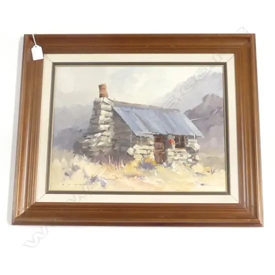 K. J. ANDREWS, 'MUSTERERS HAVEN STREAMLANDS BACK HUT' OIL ON BOARD 290x390mm