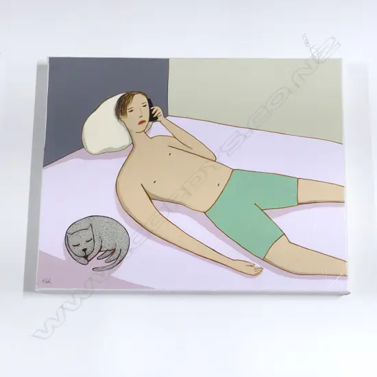 NICK FEDAEFF, UNTITLED (BOY w. CAT) ACRYLIC ON CANVAS 400x510mm