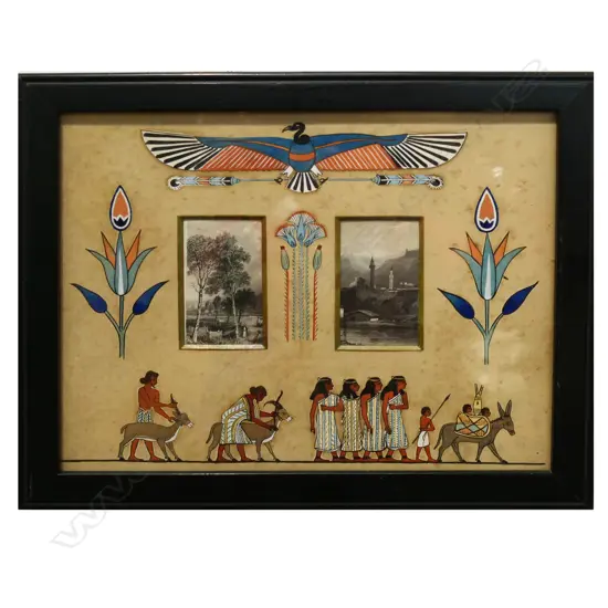 VINTAGE EGYPTIAN ARTWORK 2 LITHOGRAPHS SURROUNDED BY PAINTED EGYPTIAN ICONOGRAPHY H.170 x 200mm