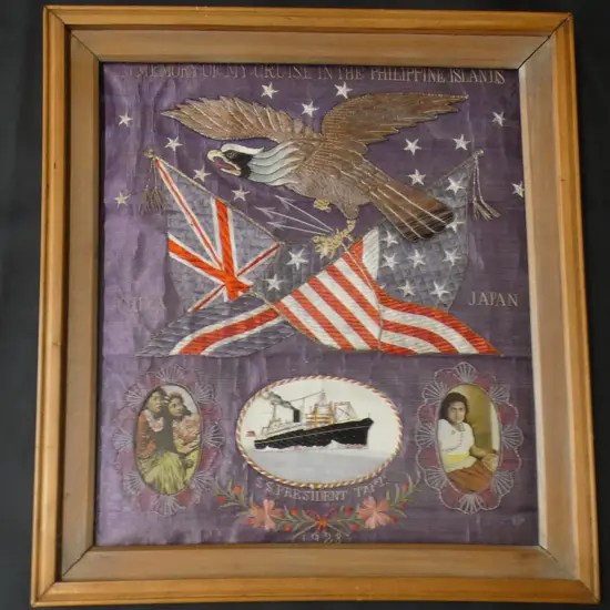 FRAMED EMBROIDERED PANEL 'IN MEMORY OF MY CRUISE...PHILLIPPINE ISLANDS / CHINA / JAPAN' 'S.S. PRESIDENT TAFT 1923'