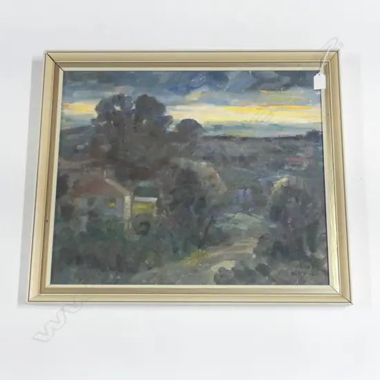 IDA EISE, SUNSET WITH COTTAGE, OIL ON BOARD '74 440x535mm 
