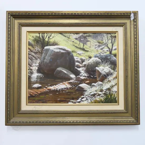 GRAHAM BRADDOCK 'SUNLIGHT ON ROCKS KARAKA BAY GT. BARRIER ISLAND' OIL ON BOARD '91 395x490mm