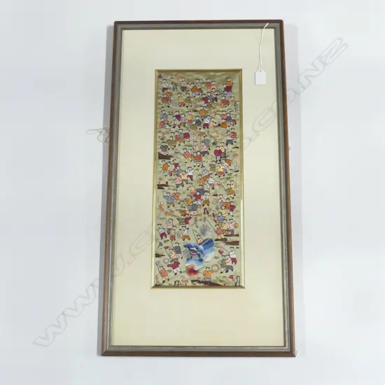 FRAMED ORIENTAL EMBROIDERY, CHILDREN PLAYING 475x180mm