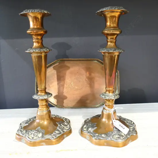 PR ANTIQUE COPPER & EP CANDLESTICKS H.260mm + COPPER TRAY W.255mm