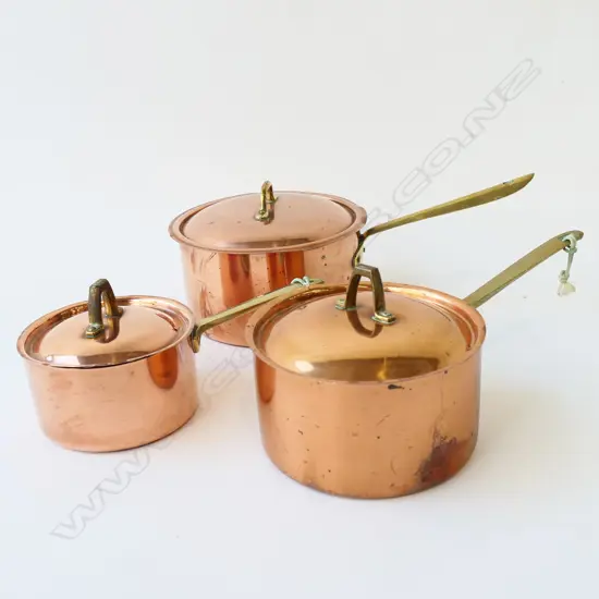 3 LIDDED COPPER PANS; 2 BY PAUL REVERE, LARGEST BONGUSTO ITALY 180mm dia