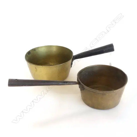 2 VICTORIAN BRASS SAUCEPANS with riveted iron handles