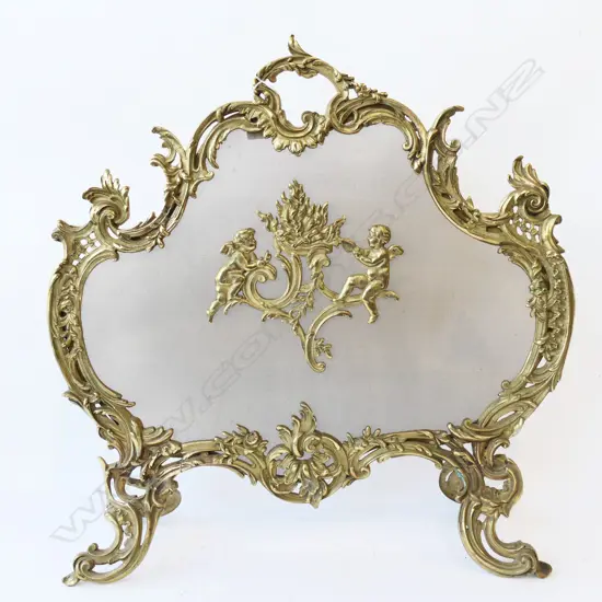 20thC French style brass & mesh fire guard W.700mm H.700mm