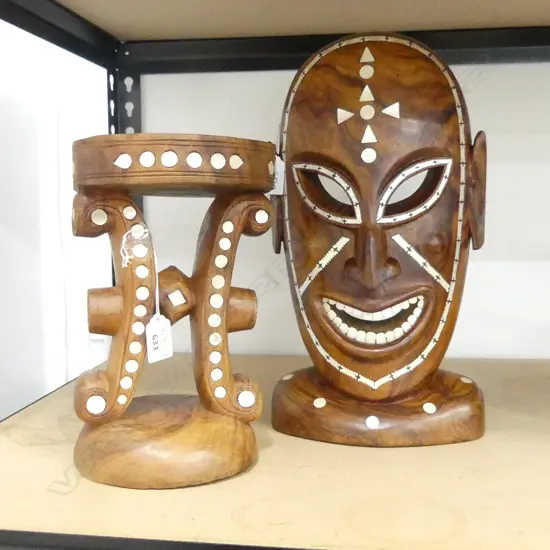 SOLOMON ISLANDS MASK WITH INLAID PEARL SHELL (H.350MM ) AND MATCHING STOOL (H.250MM)