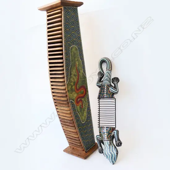 ABORIGINAL PAINTED CD RACK H990MM & ANOTHER  LIZARD SHAPE L730MM