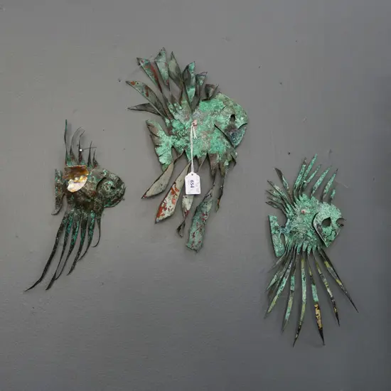 3 VERDIGRIS COPPER ART FISH H.350mm